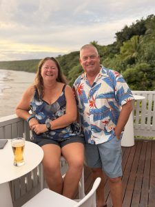 Tanya Franklin from The Travel Brokers with Niue Tourism’s Hayden Porter having a sunset drink at Scenic Matavai Resort.