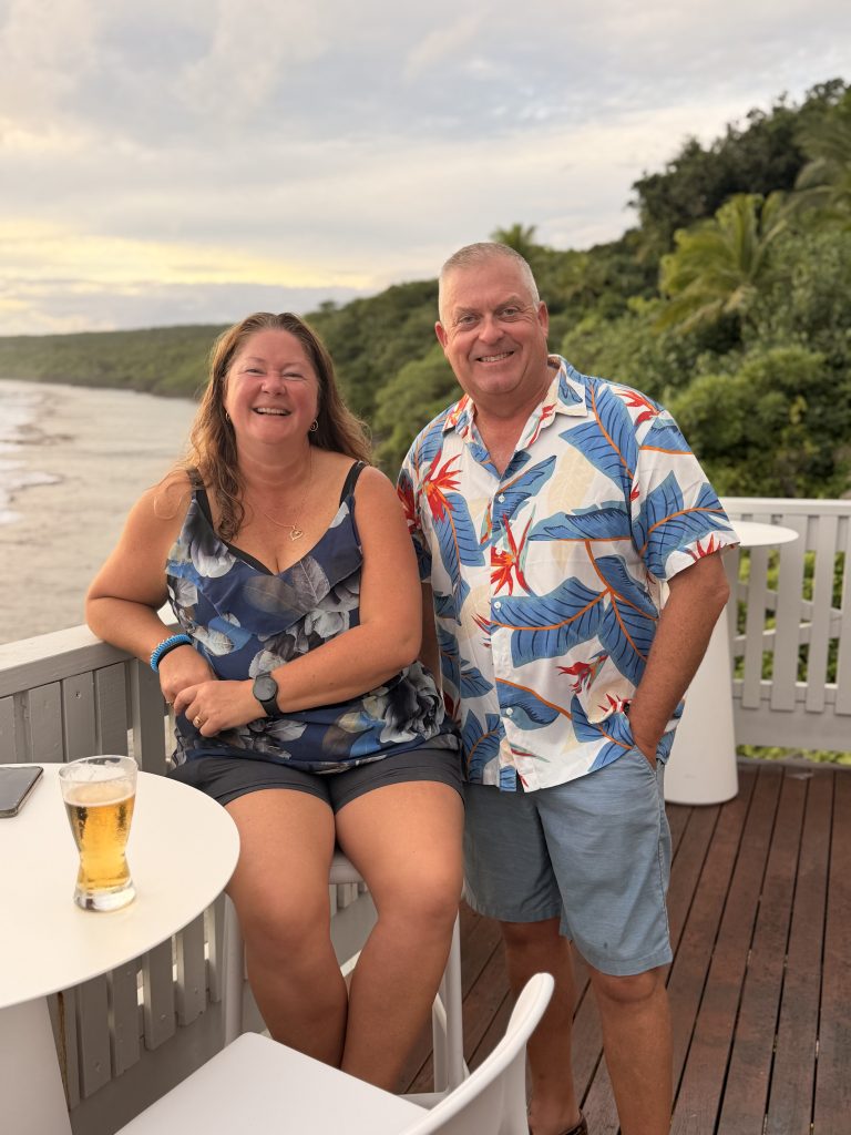 Tanya Franklin from The Travel Brokers with Niue Tourism’s Hayden Porter having a sunset drink at Scenic Matavai Resort.