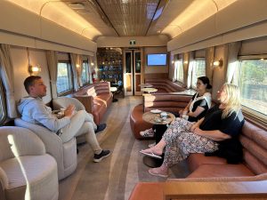 Journey Beyond’s Thomas Getz, Andrea Walter from Travelwise Holidays and Flight Centre’s Gemma Brown on the Indian Pacific.