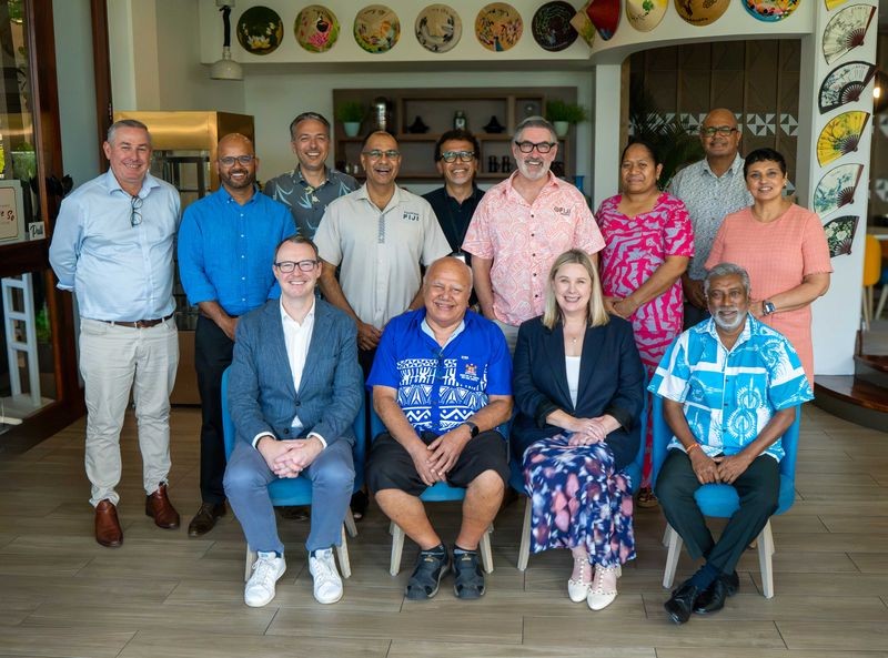 The Fiji tourism delegation with ATIA ceo Dean Long and TAANZ ceo Julie White, sitting either side of Fiji’s deputy Prime Minister Viliame Gavoka.