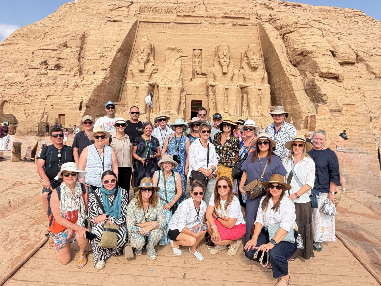 Uniworld offers an optional Abu Simbel excursion that includes early morning flights to the iconic temple, a couple of hours to explore, and then back to the ship for lunch. The Kiwi group is pictured at the temple, which was moved to higher ground after the construction of the Aswan High Dam.